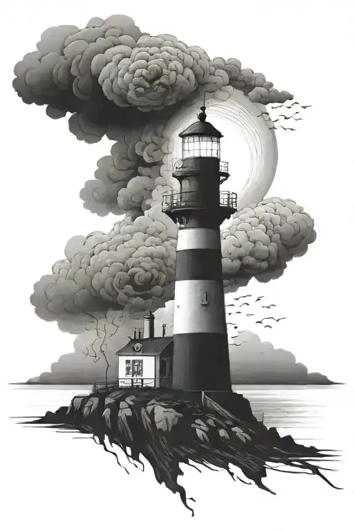 Black Lighthouse With Dark Storm Cloud