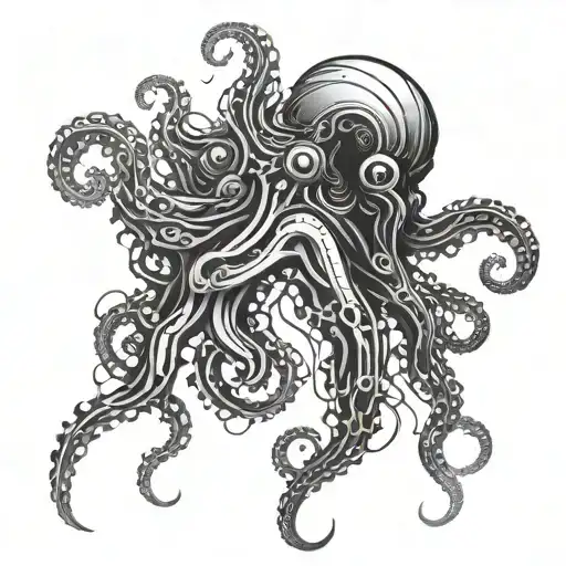 A Cybernetic Octopus Merging With Circuitry And Bio-mechanical Elements