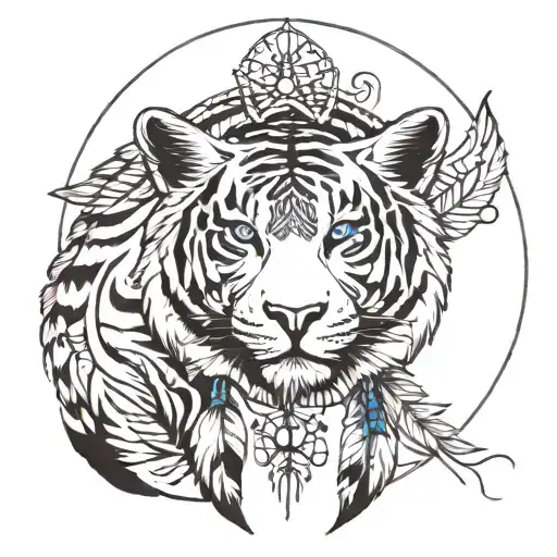 A Dream Catcher Intertwined With Native American Symbols And A White Tiger Silhouette
