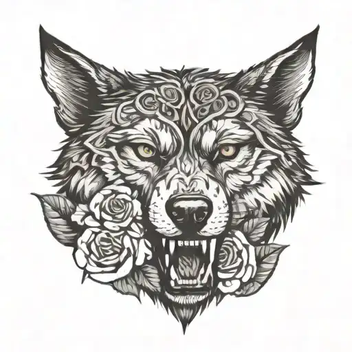 Angry Wolf Head With Roses Around It