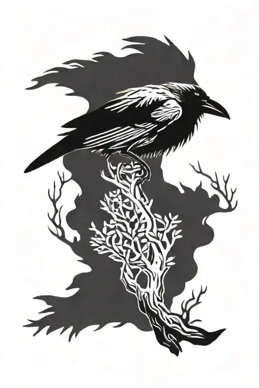 Raven Perched On Juniper Tree