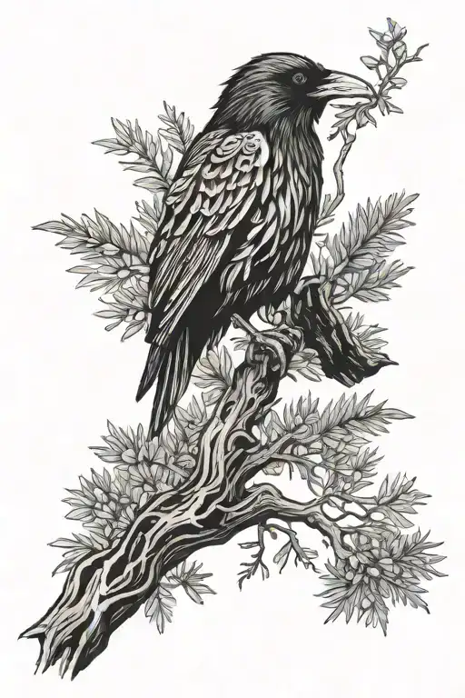 Raven Perched On Juniper Tree