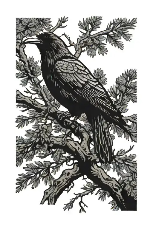 Raven Perched On Juniper Tree