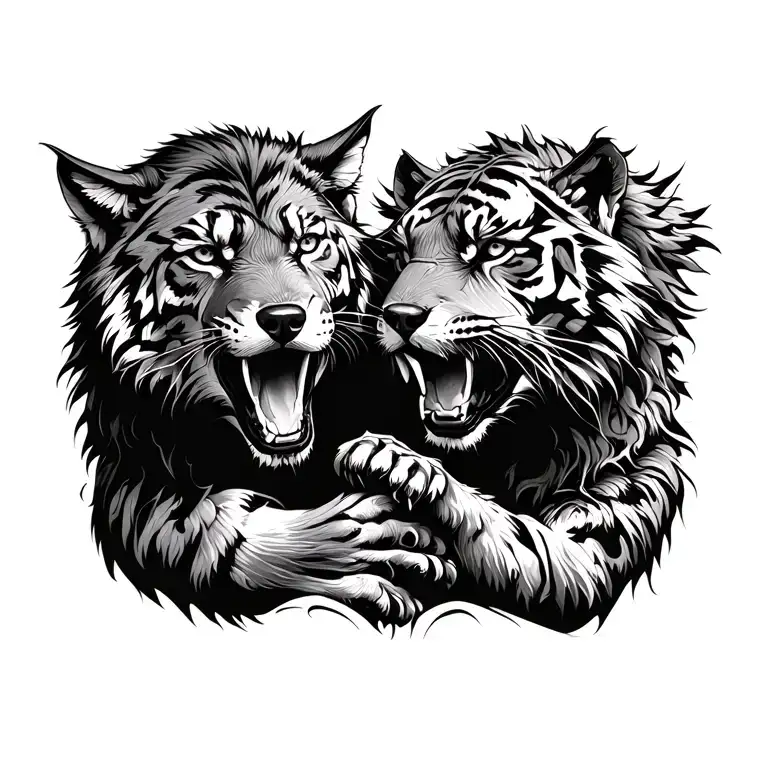 A Tiger Figthing A Wolf