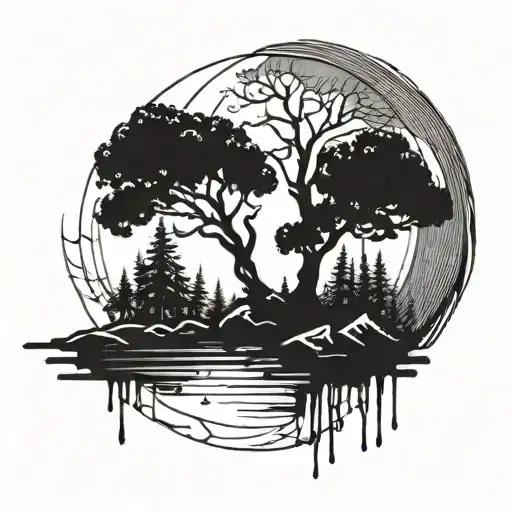 Brush Stroke Line With Moon Tree Water