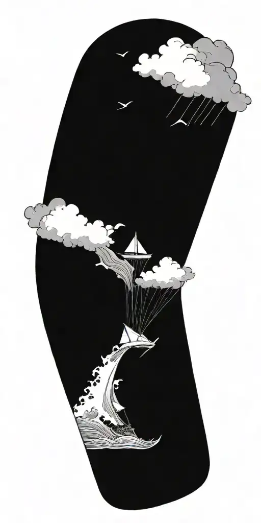 Storm Clouds Raining And Crashing Waves With A Paper Boat In The Background