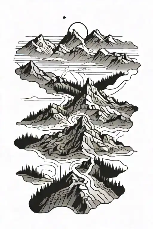 A Minimalist Blackwork Tattoo Of A Mountain Range With A Hiking Trail Disappearing Into The Distance