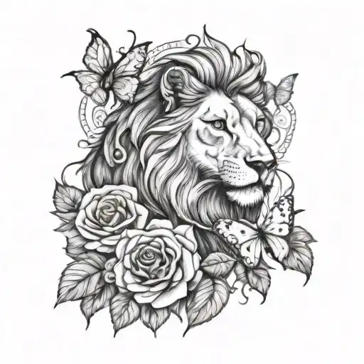 Lion And Wolf With Roses And Butterflies