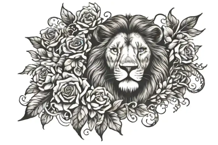 Lion And Flowers Intertwined