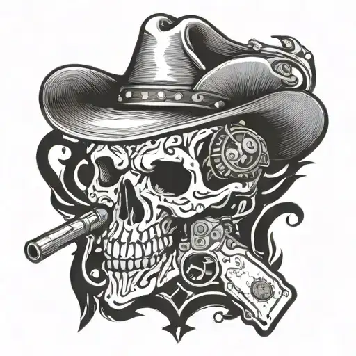 Cowboy Skull With Revolver Gun