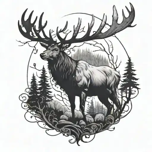 A Majestic Stag Standing In A Dark And Mysterious Forest