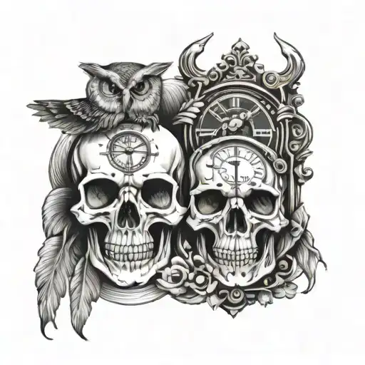 Skull With Owl With Clock And Hourglass