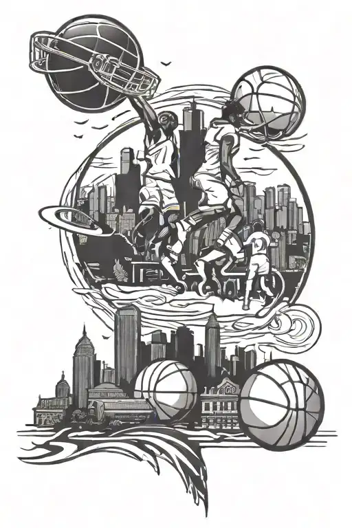 A Skyline Of Tacoma With Basketball And Football Players Silhouettes In The Foreground