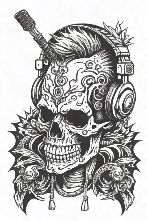 A Skull Wearing Headphones With A Punk Rock Mohawk