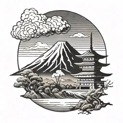 A Minimalist Outline Of Mount Fuji With A Silhouette Of A Samurai In The Foreground