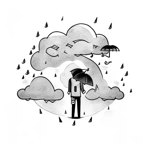 Man With Umbrella With Rain Cloud In The Distance With Small Lightning