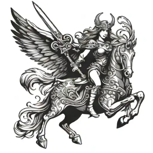 A Valkyrie Riding A Mythical Creature With A Sword In Hand