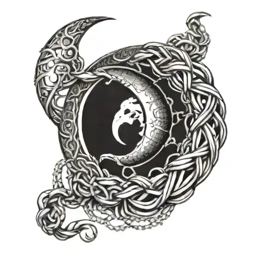 A Crescent Moon Made Of Intertwined Ropes And Chains