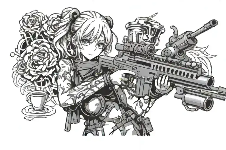 Anime Girl With A Machine Gun And A Cup
