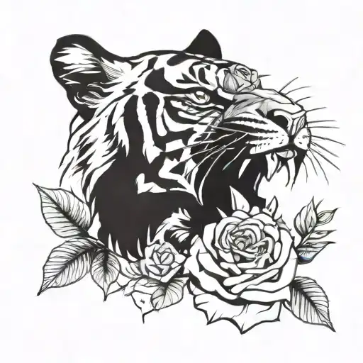 Tiger Head Biting A Rose Behind Foliage Representing The Client's Passion