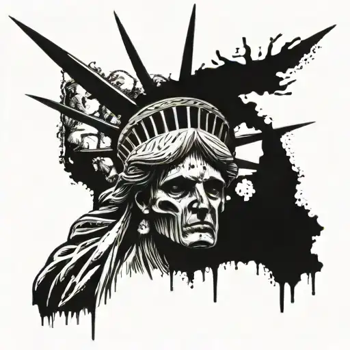 Skull Head Of The Statue Of Liberty In Poor Condition Due To Nature And A Post-war Period