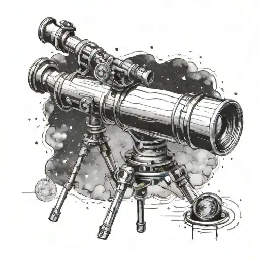 A Detailed Blackwork Tattoo Of A Telescope Pointing Towards A Galaxy