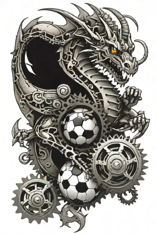 A Mechanical Dragon Playing Soccer With Gears And Cogs As The Soccer Ball