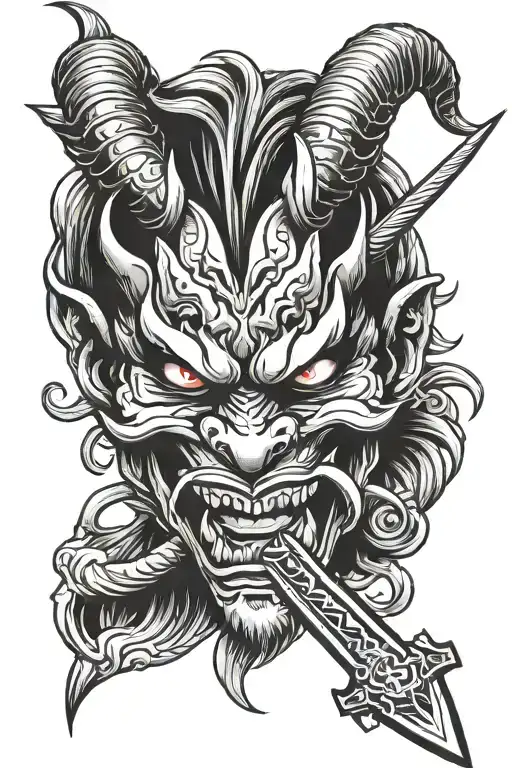 Oni Mask With Sword In Mouth
