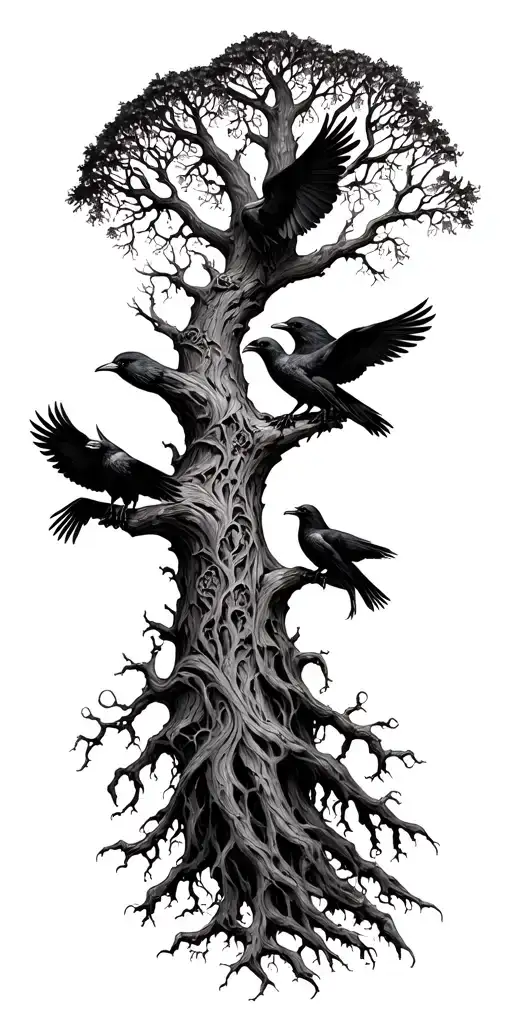 Yggdrasil Tree With Odin And Two Ravens Huginn And Muninn