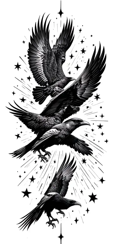 Odin And Two Ravens Huginn And Muninn Flying Through A Starry