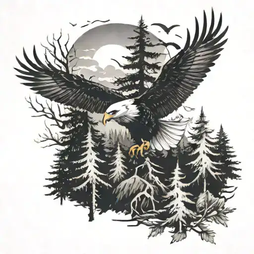Forest Trees With A Eagle Flying