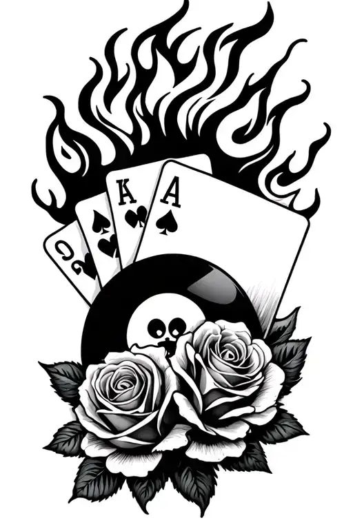 8Ball And Cards On Fire With Roses