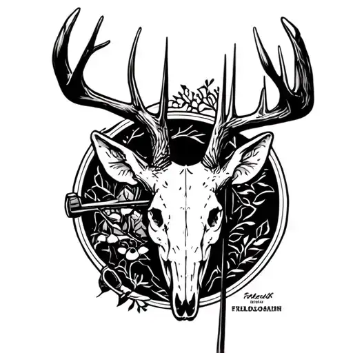 Whitetail Deer Skull With A Compound Bow In Its Antlers