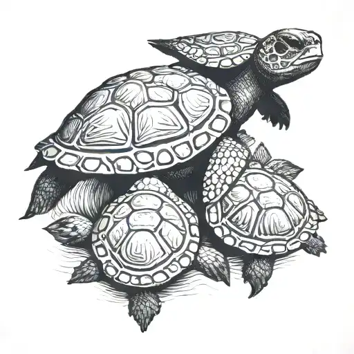 Mother Turtle And Two Baby Turtles