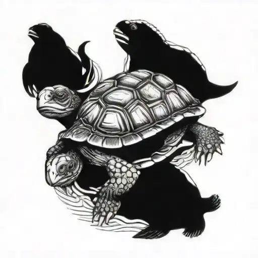 Mother Turtle With Two Baby Turtles