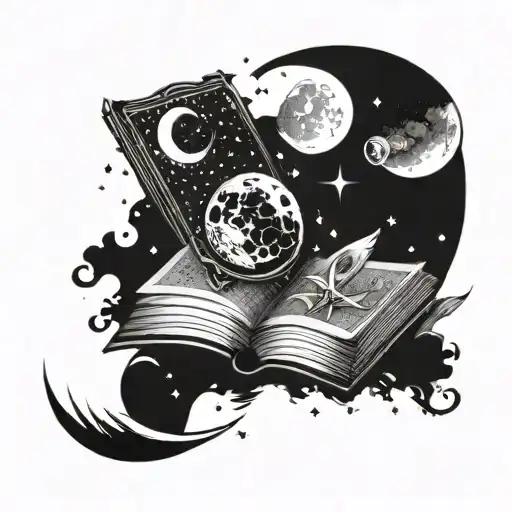 An Educational Themed Tattoo With A Book Open To A Galaxy Scene With The Moon And Sun