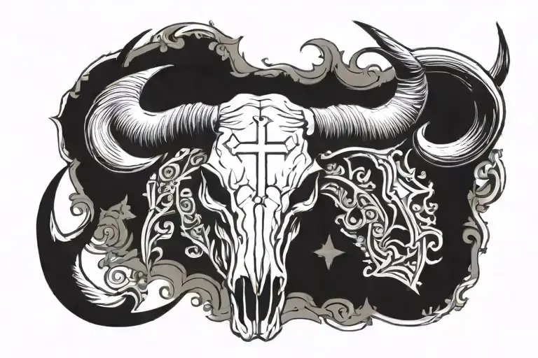 Texas Long Horn Skull With Cross