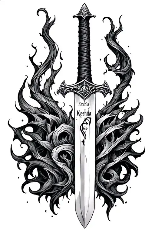 Mid Evil Sword Tattoo With The Name Keshia Lee On The Blade