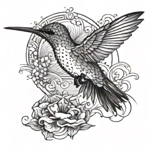 A Graffiti-style Hummingbird Flying Over A Serene Water Landscape