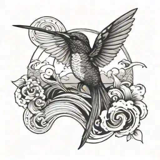 A Graffiti-style Hummingbird Flying Over A Ocean Wave Landscape