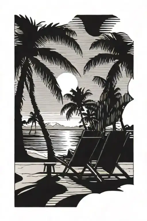 Beach Scene With Palm Tree And Two Chairs Facing The Ocean