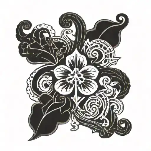 A Symbol Of Luck And Health Intertwined With Military Motifs In A Blackwork Style