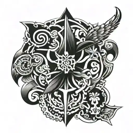 A Symbol Of Luck And Health Intertwined With Military Motifs In A Blackwork Style
