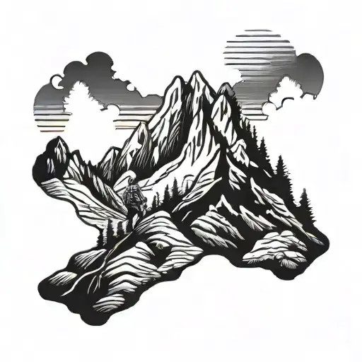 Hiker Far Away With Mountains And Sunset Background