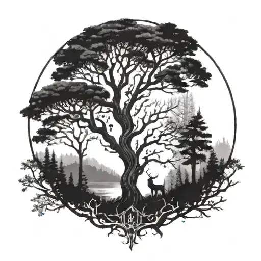 A Mystical Forest With Hidden Symbols Of Strength And Happiness Intertwined With The Trees