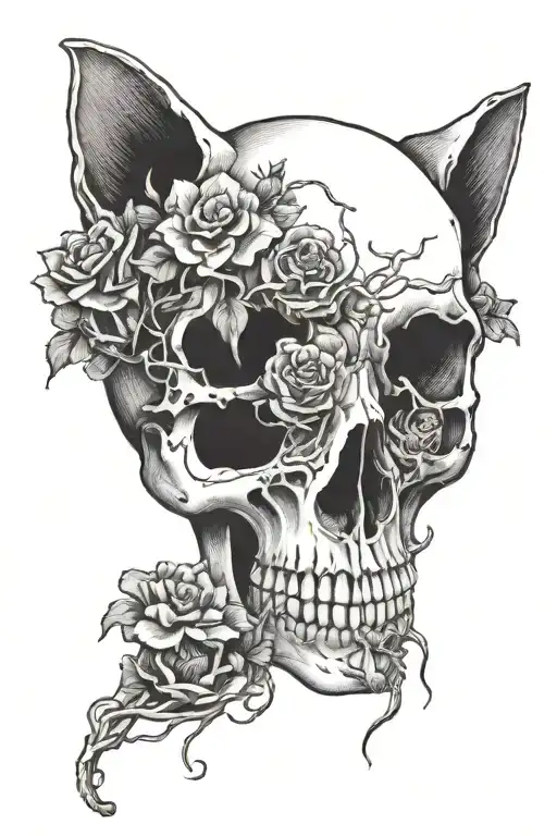 Cat Skull With Mushrooms Growing Out Of Eye Sockets