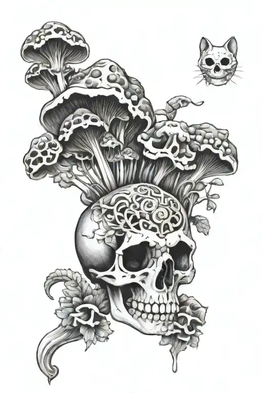 Cat Skull With Mushrooms