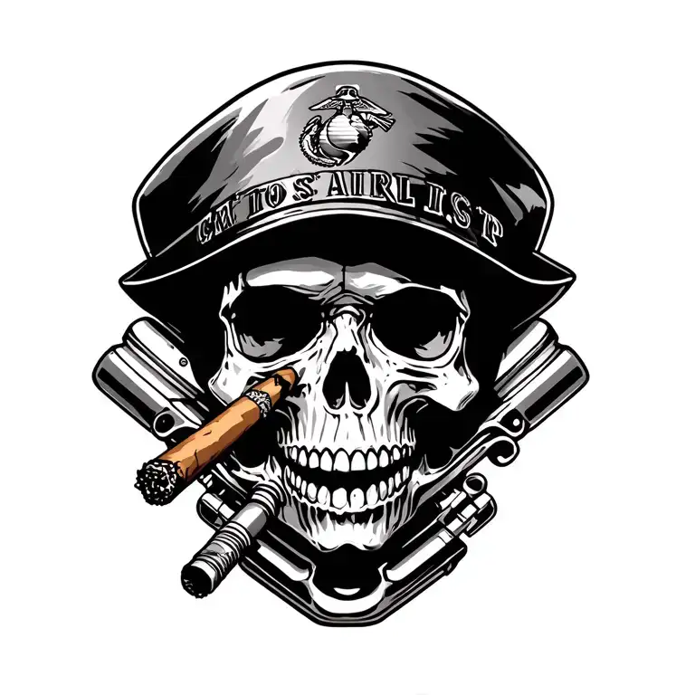 Crossed Engine Pistons Below A Skull Smoking A Cigar Wearing Usmc Hat