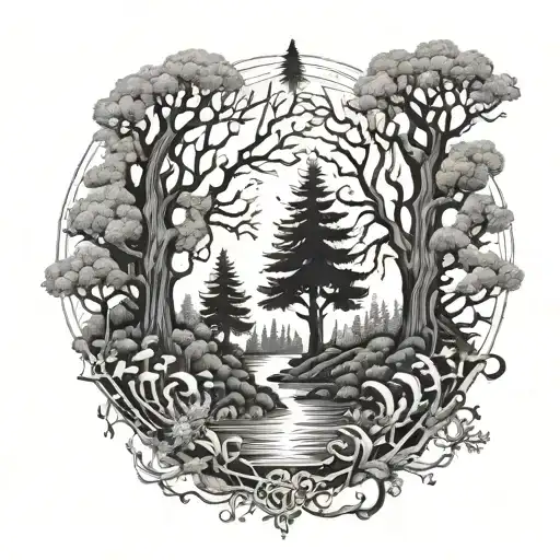 A Tattoo Design Featuring A Mystical Forest With A Hidden Secret Symbolizing Strength And Power