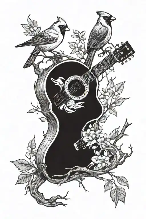 Guitar And Cardinal Bird In The Woods